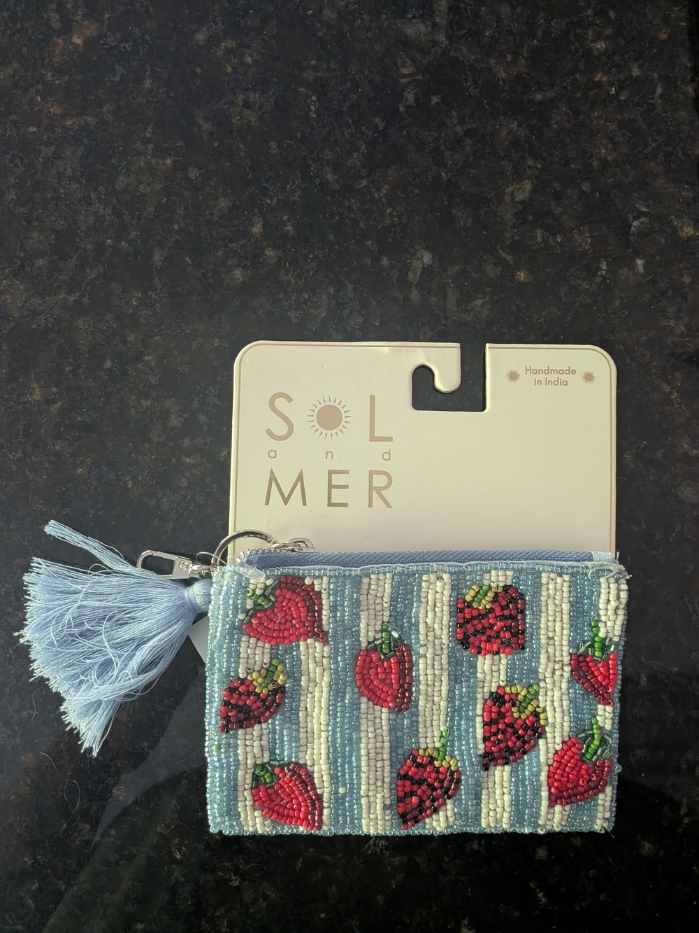 SOL and MER Light Blue Beaded Strawberry Card & Key Pouch